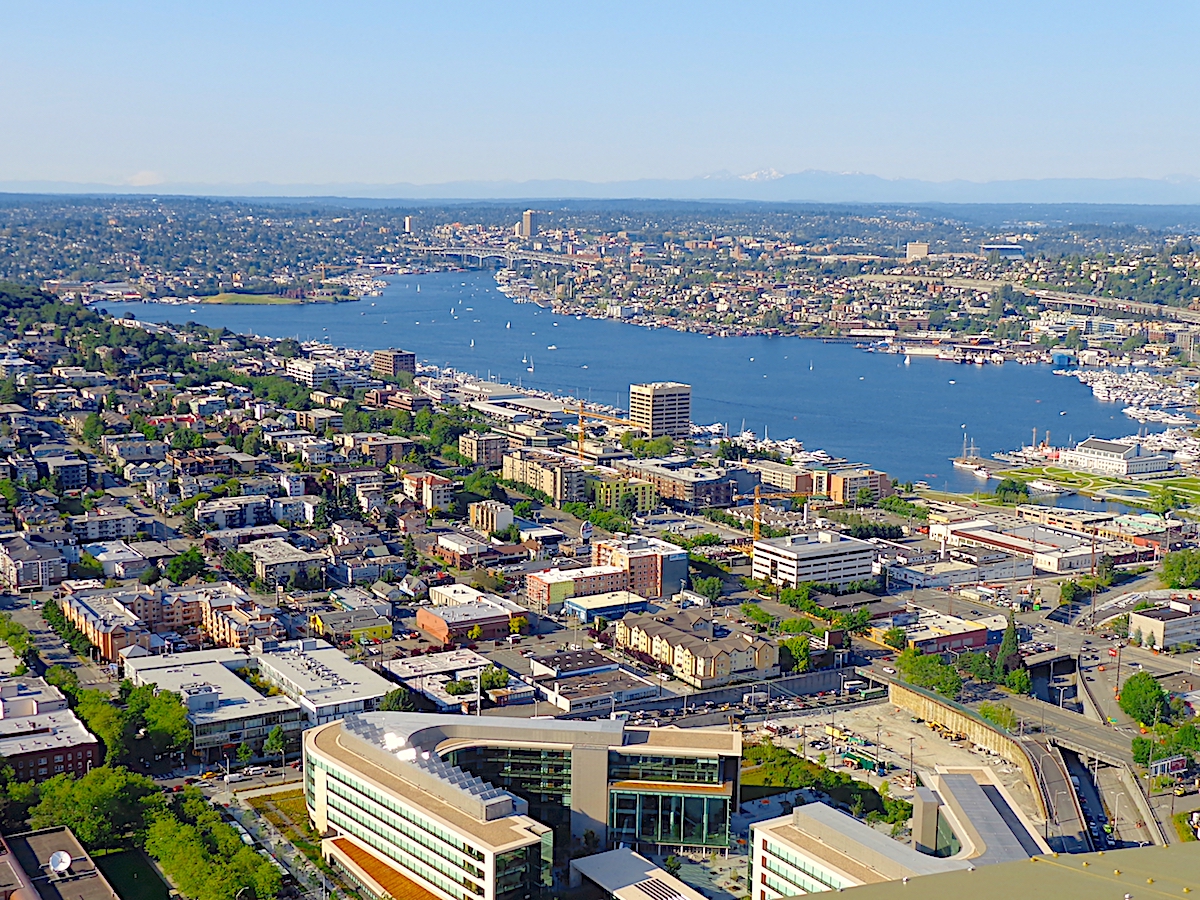 Lake Union seen from the Space Needle on a sunny afternoon